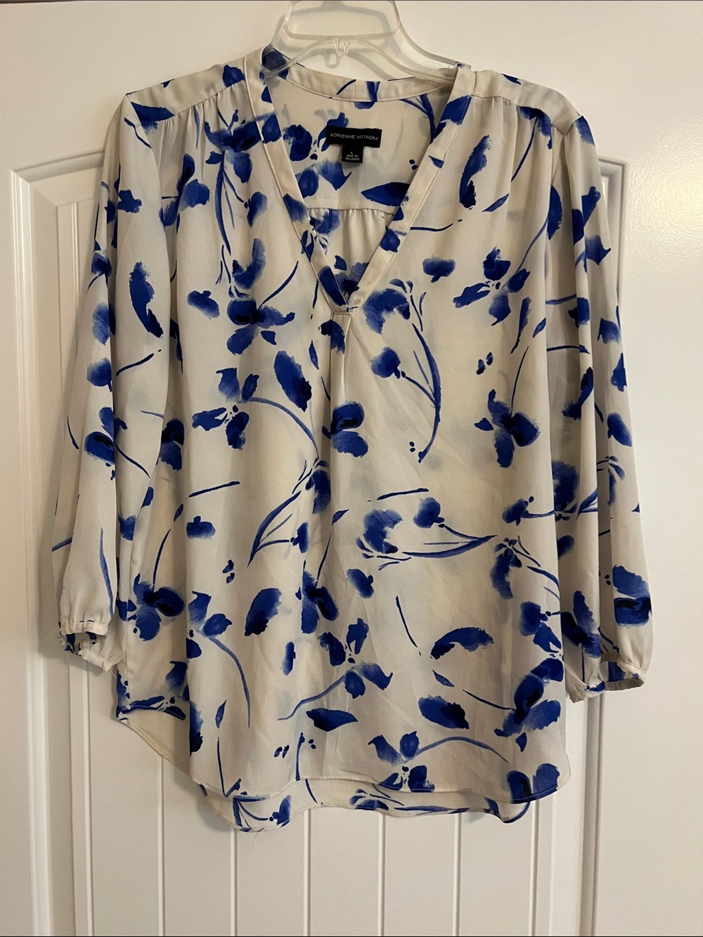 Adrienne Vittadini Cream Blouse with Blue Floral Brushstrokes